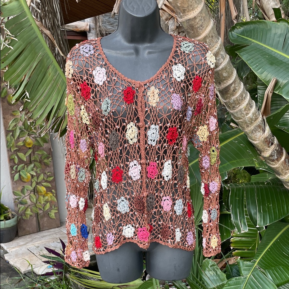 Crochet top cardigan with rosette’s and beading